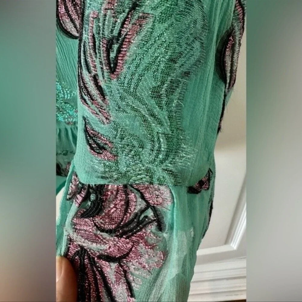 Cynthia Rowley Inverness Metallic Fish Blouson-sleeve Dress In Green Sz4 - Picture 10 of 13